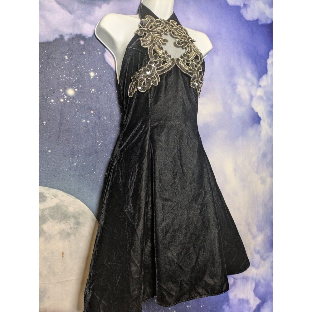 Vintage Black Velvet Beaded Halter Dress Goth Glam Party Cocktail XS Zum Zum 90s - Picture 12 of 13